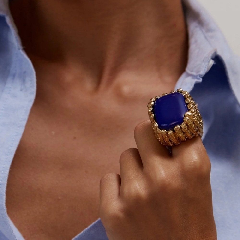 New ZARA Bold Blue Stone Textured Statement Ring Fits Sizes 7, 8, 9 • NWOT